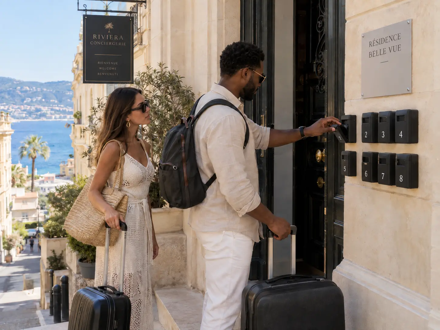 Voyageurs arrivant devant un logement de location courte durée sur la Côte d’Azur