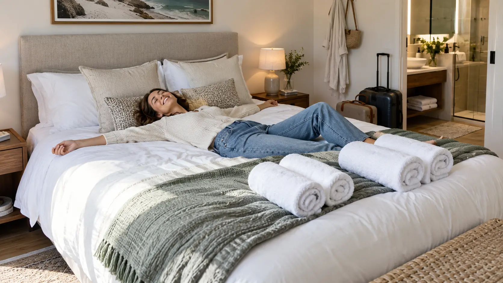 Voyageuse profitant d’un lit préparé avec du linge propre et des serviettes soigneusement disposées dans une location Airbnb