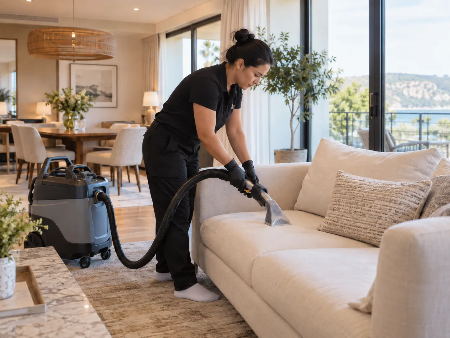 Aide ménagère utilisant une shampouineuse professionnelle mise à disposition pour nettoyer un canapé