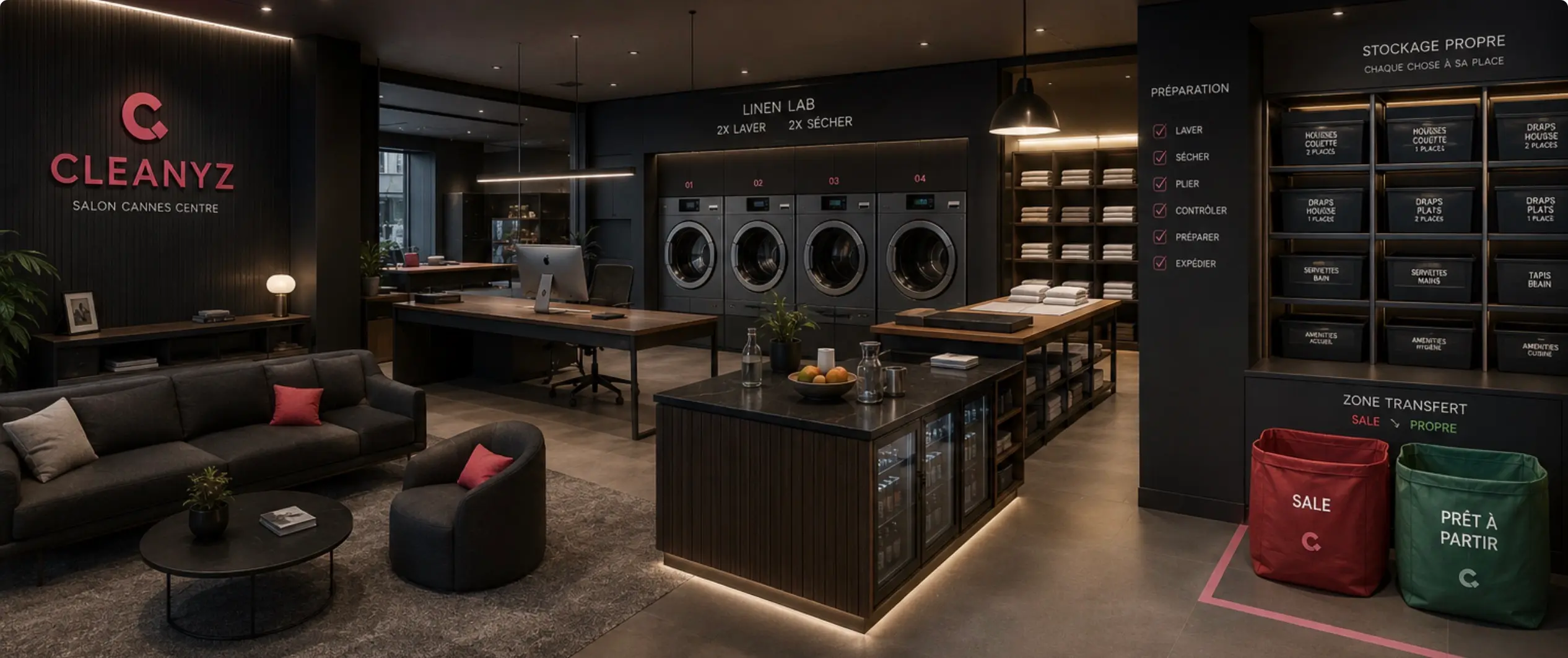 Projection d’un Salon Cleanyz avec traitement du linge, stockage et organisation logistique