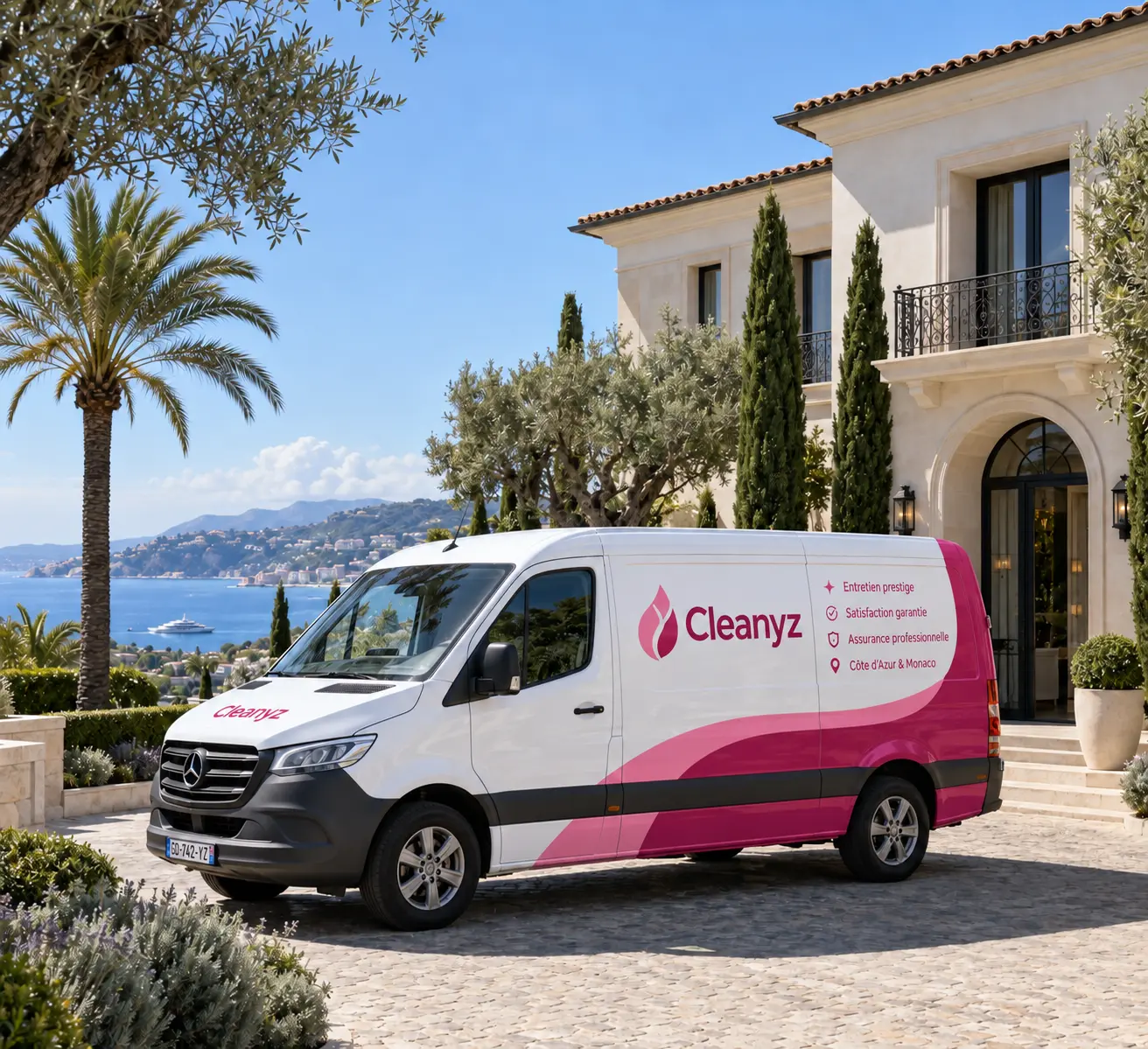 Fourgon Cleanyz Prestige devant une villa sur la Côte d'Azur