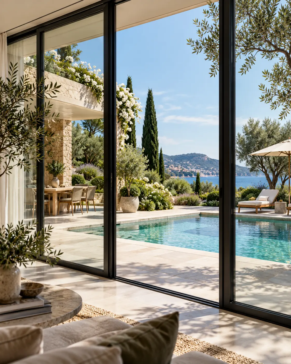 Villa méditerranéenne avec piscine, jardins arborés et grandes baies vitrées